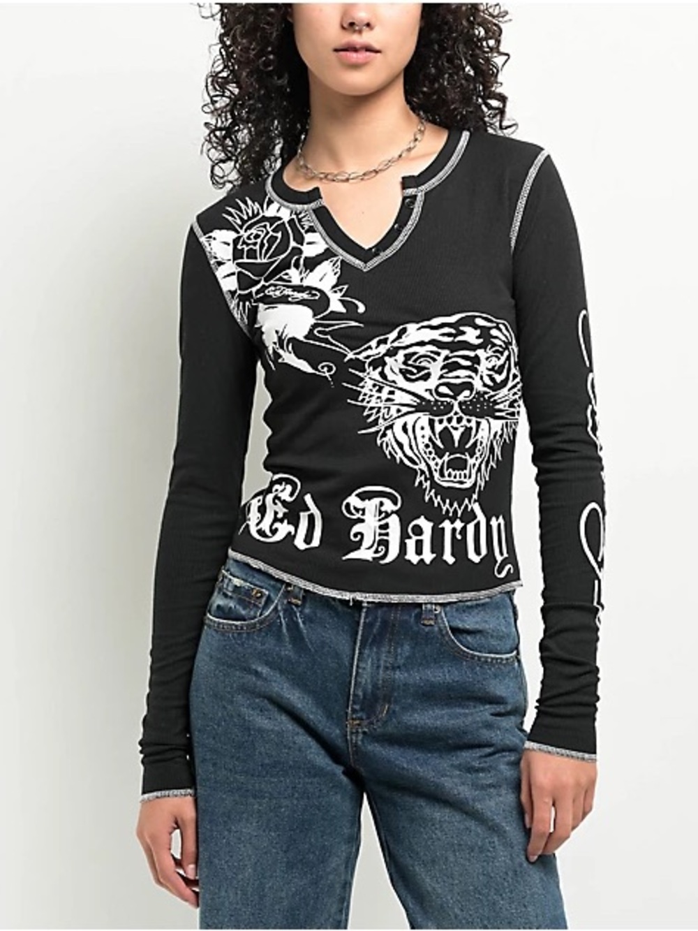 Ed Hardy Tiger Rose black long sleeve thermal notched tee